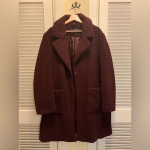 Teddy coat, shawl collar, xxl, French Connection, pockets, burgundy brown